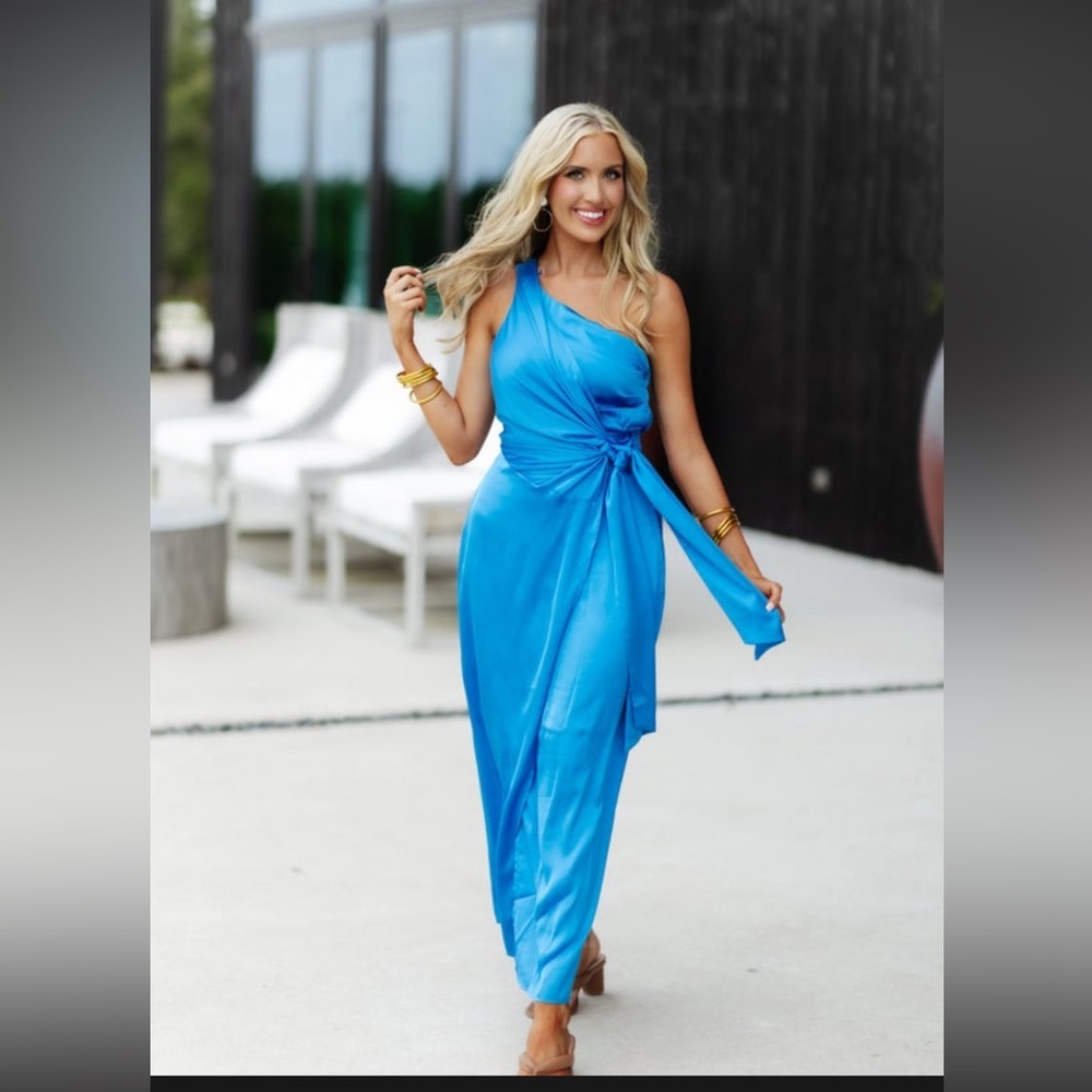 NWT French Blue Satin One Shoulder Wrap
Maxi Dress